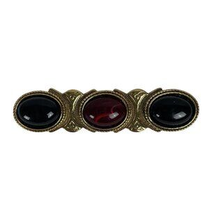 Vintage 80s 90s Gold Tone Bar Brooch Red Black Glass Cabochons Elegant Statement